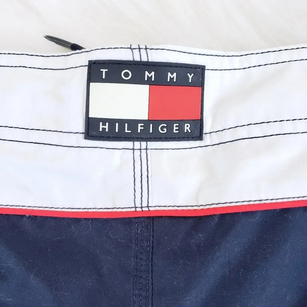 Vintage big‎ block logo Tommy Hilfiger mesh lined swim shorts men's size large